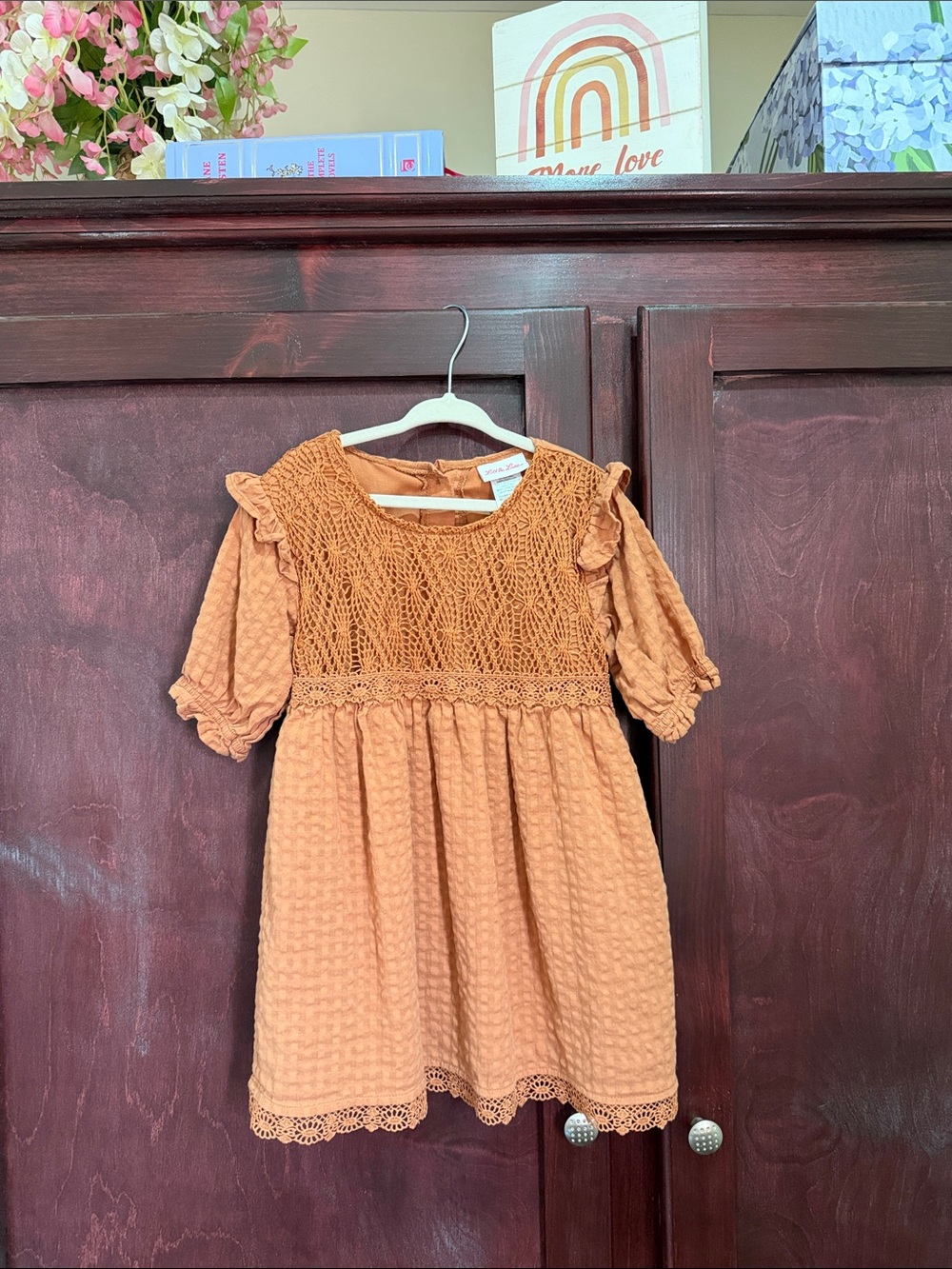 Little Lass Rust Orange Crochet Bodice Dress